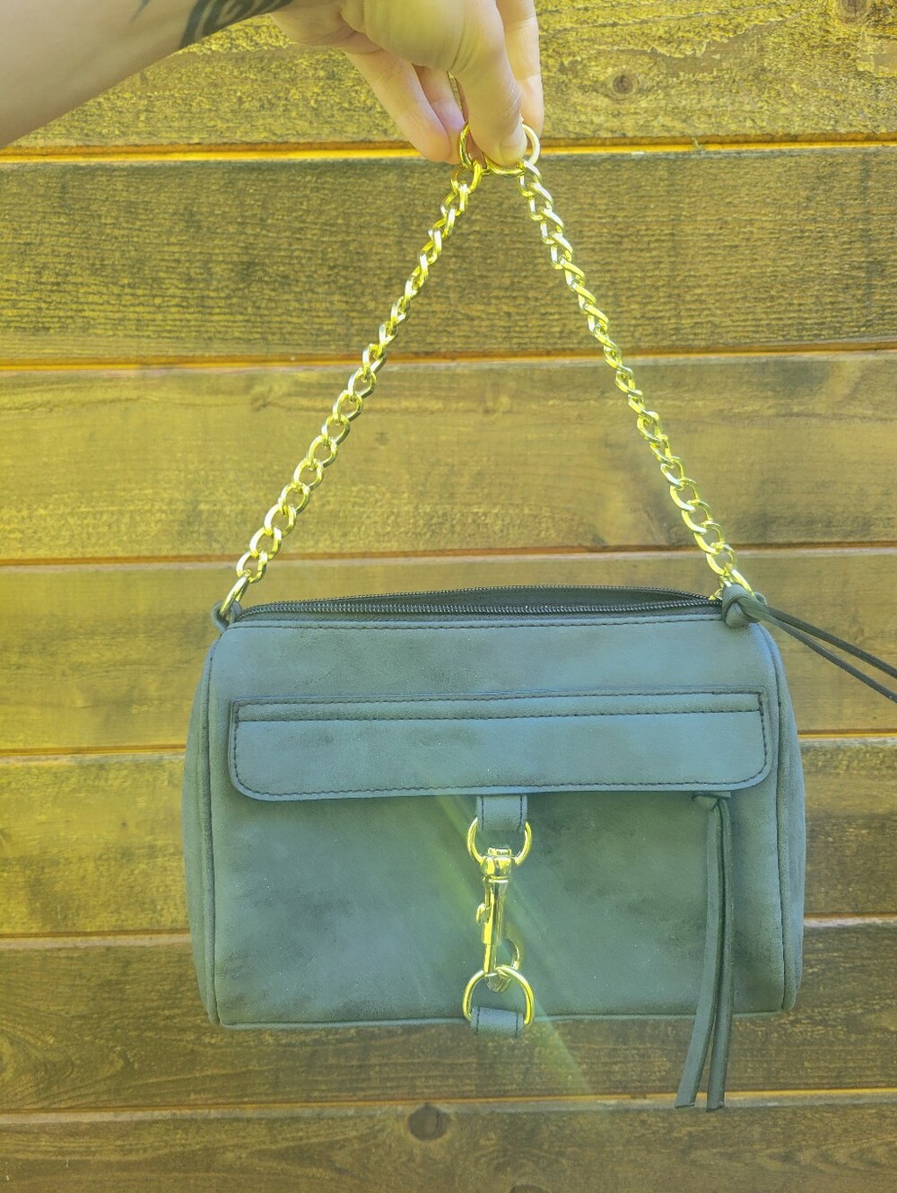 Gold-Chain Handle Shoulder Bag- Gray